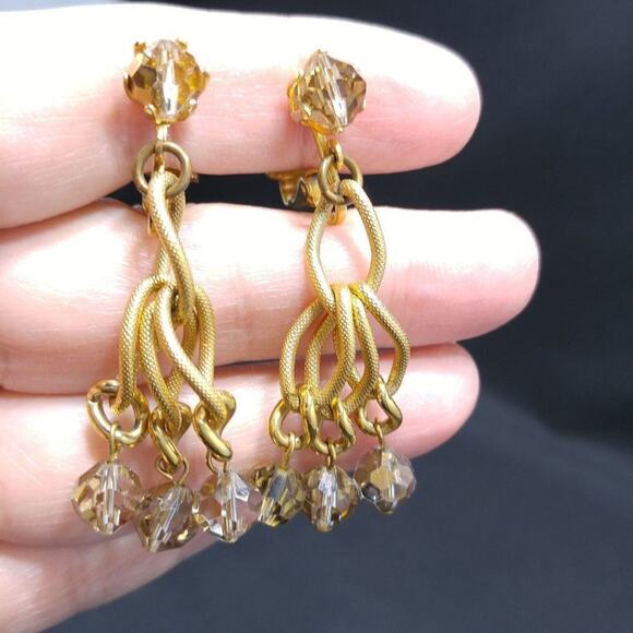 Vintage Crystal Beaded Earrings, Gold Metallic Clear Beads,  2 Inches - Picture 8 of 10